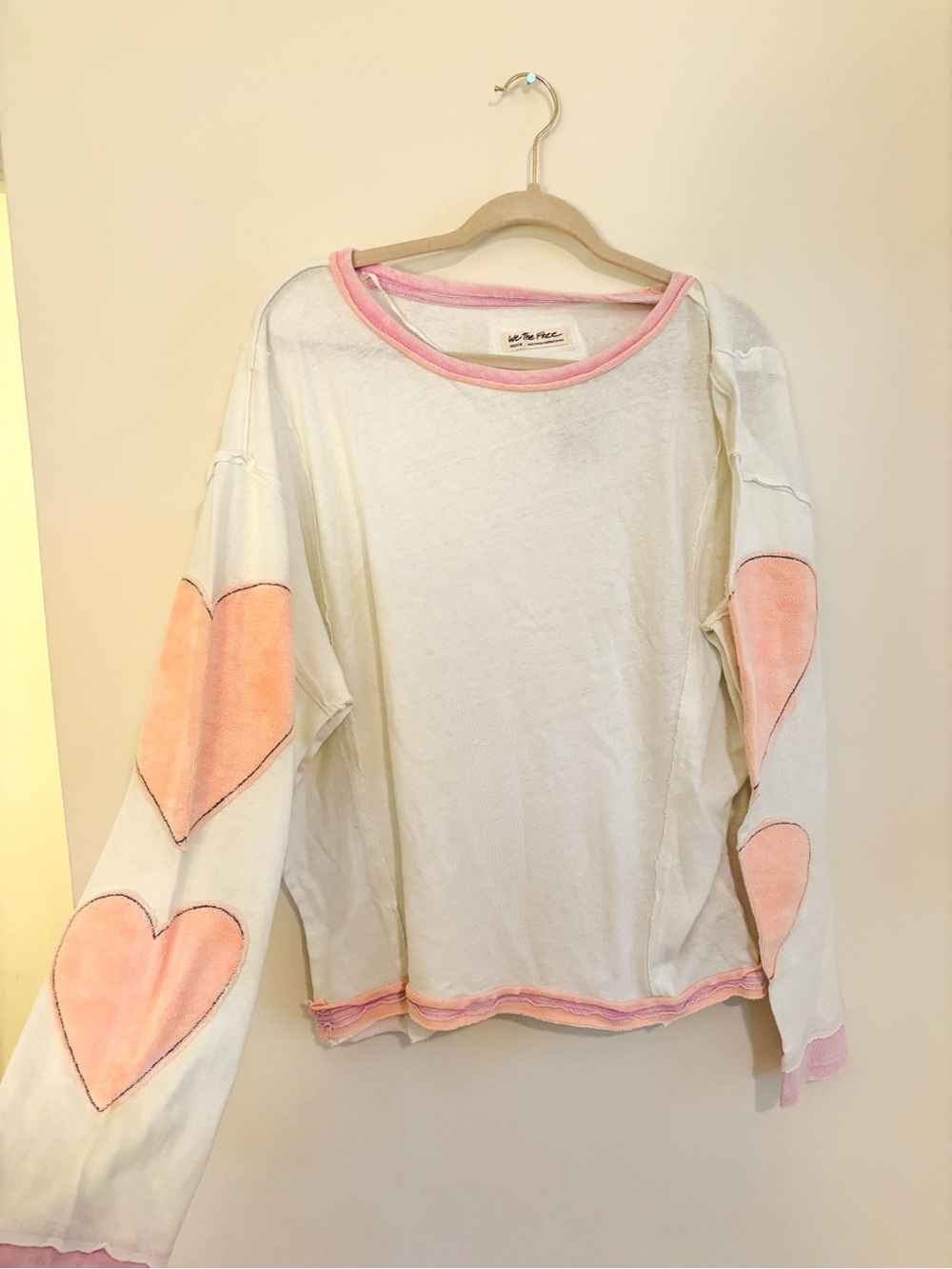 Free People White Long Sleeve Tee with Pink Heart Elbow Patches